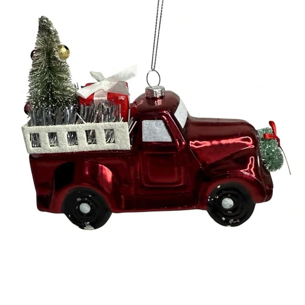 Red Truck Christmas Tree Ornament Bottle Brush Trees Xmas Decoration 5.5”x3.5”